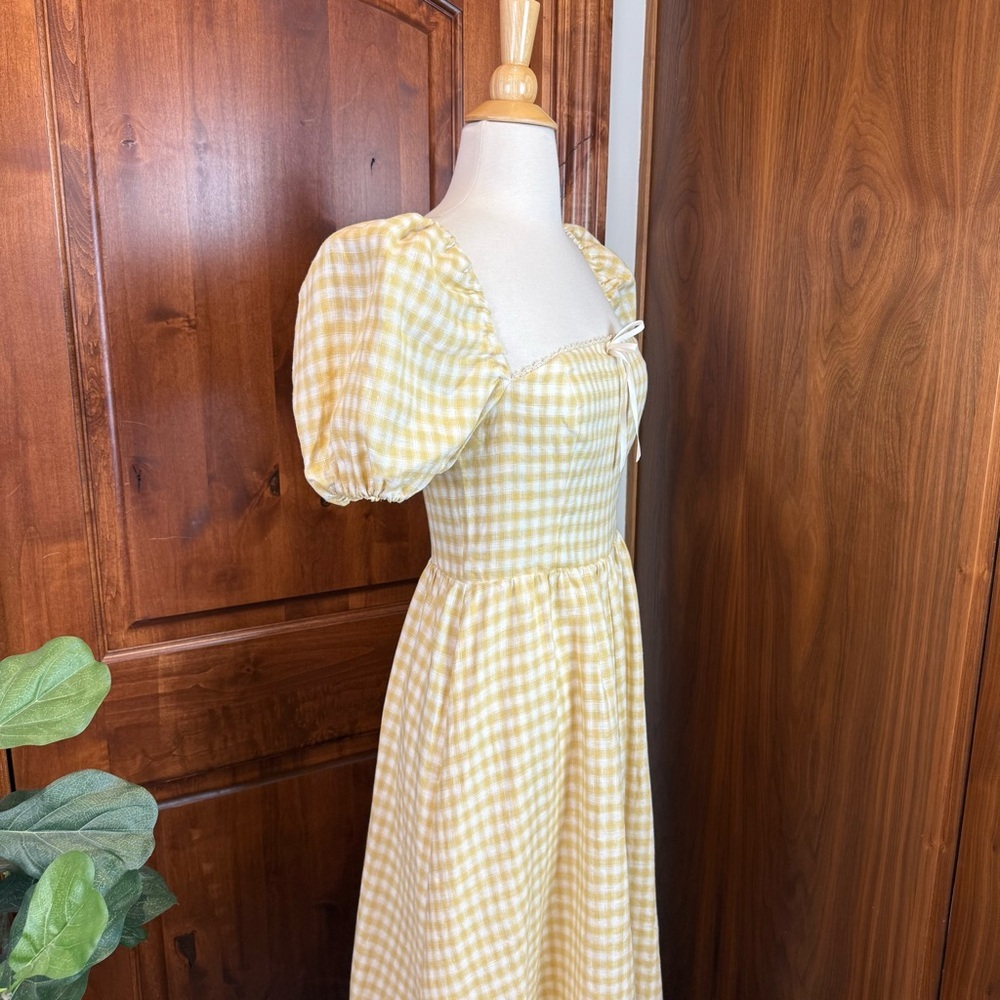💋Reformation Marella puff sleeve linen Yellow Checkered gingham Dress. Size 6 - Picture 8 of 12
